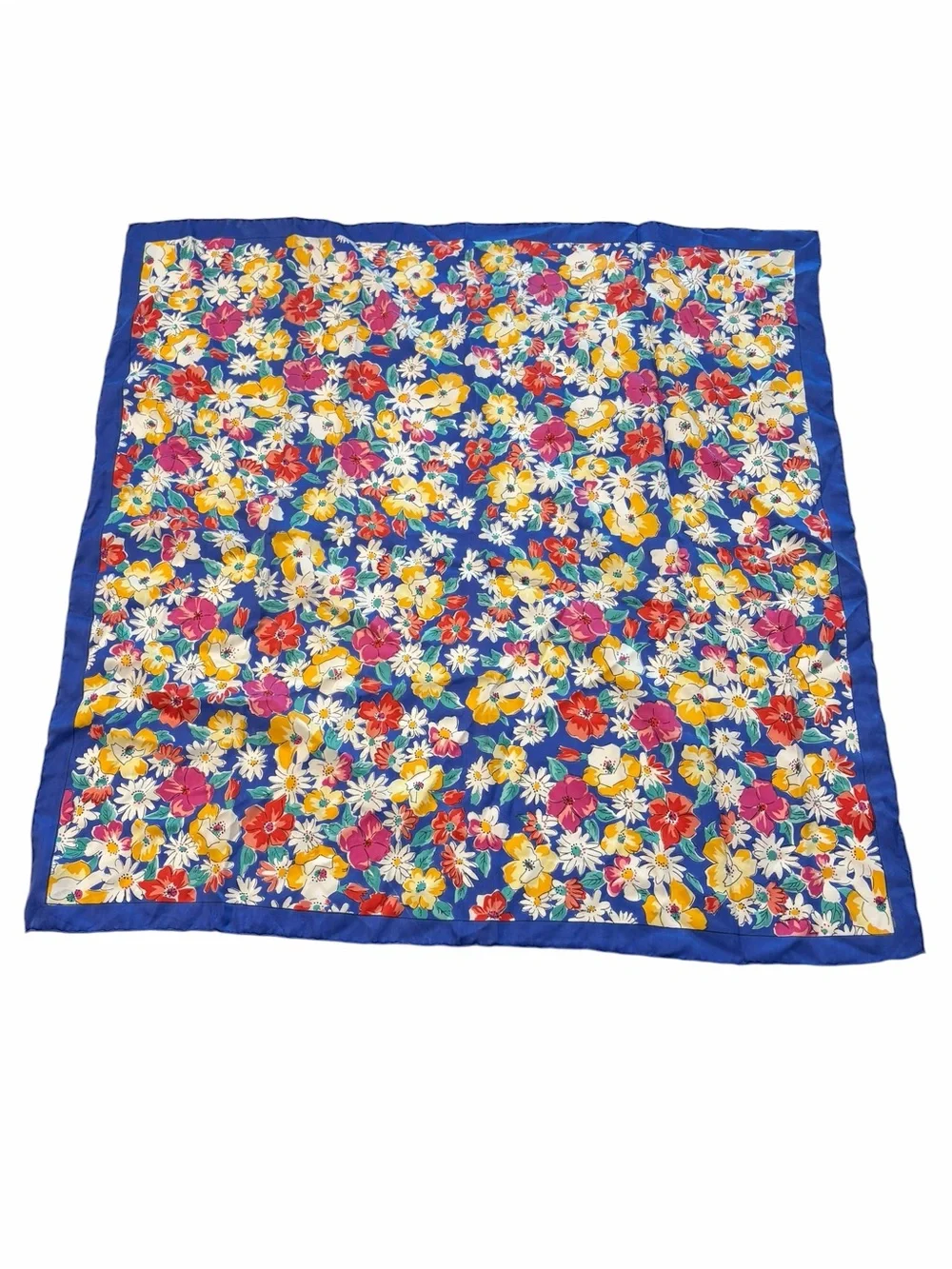 Floral Silk Scarf Hand Rolled Edges Colorful Bright 30”x30” Blue Border Cottage